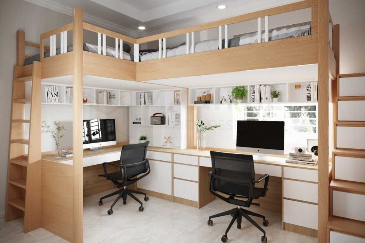 Mẫu phòng ngủ 3x3m với giường tầng kết hợp bàn làm việc