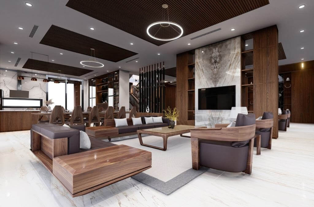 Phòng khách hiện đại với nội thất gỗ, trần nhà ánh sáng đẹp và sofa sang trọng.