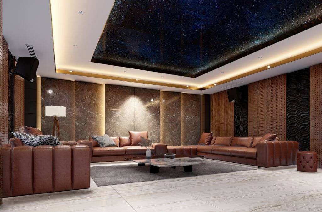 Phòng khách sang trọng với trần nhà sao, sofa da nâu, đèn đứng và bàn trà hiện đại.