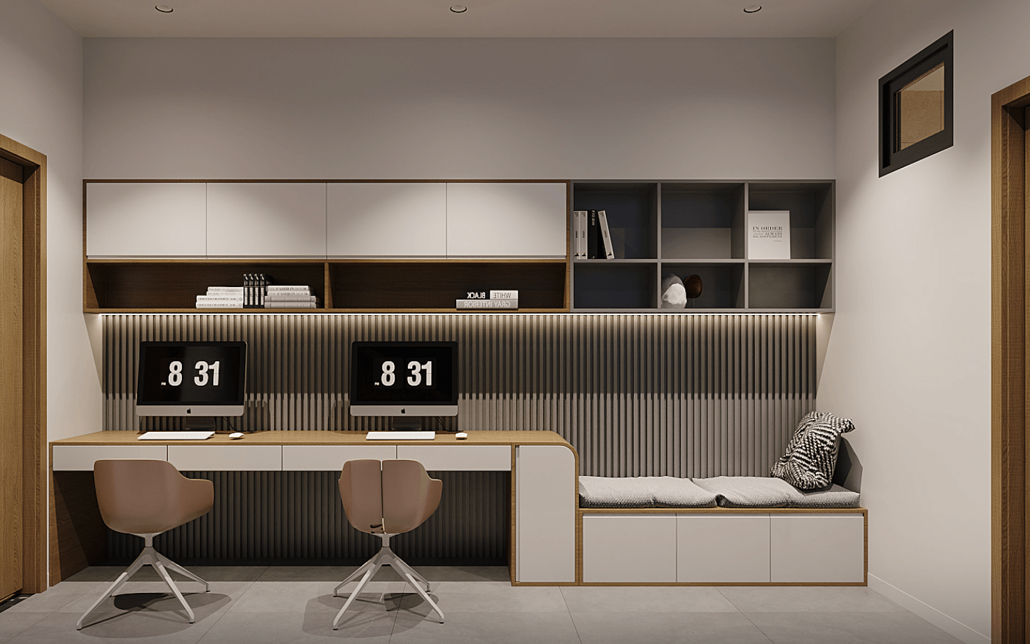 Phòng làm việc hiện đại với bàn đôi, hai máy tính và giá sách trên tường.