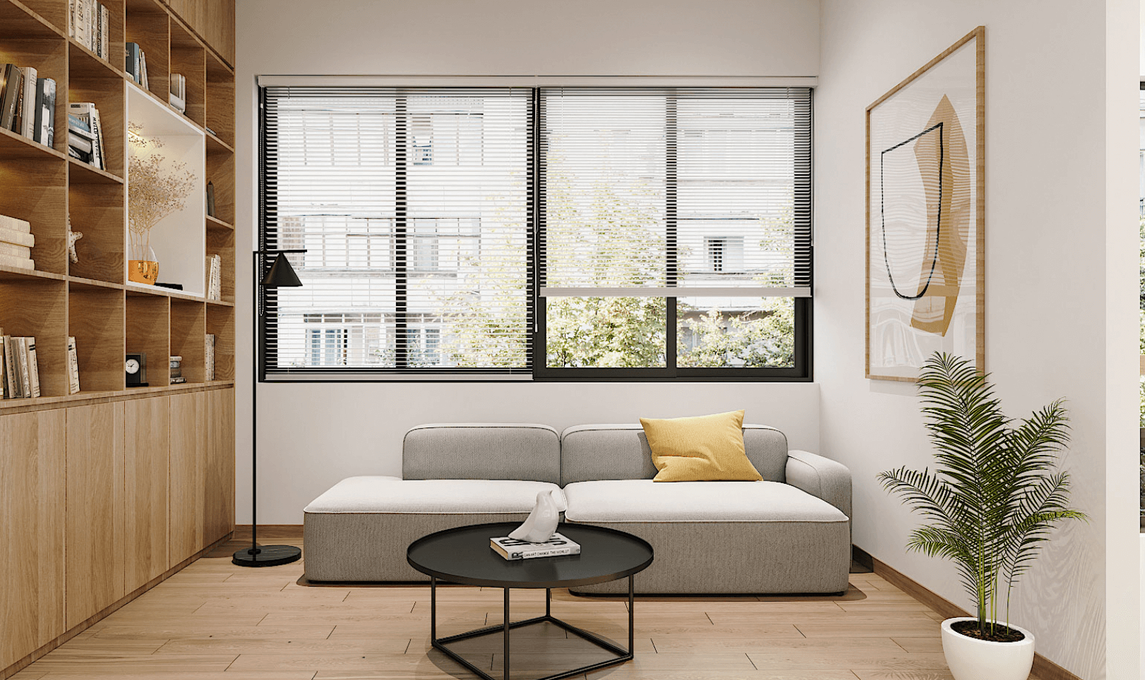 Phòng khách hiện đại với sofa xám, gối vàng, cây xanh và cửa sổ lớn đón ánh sáng.