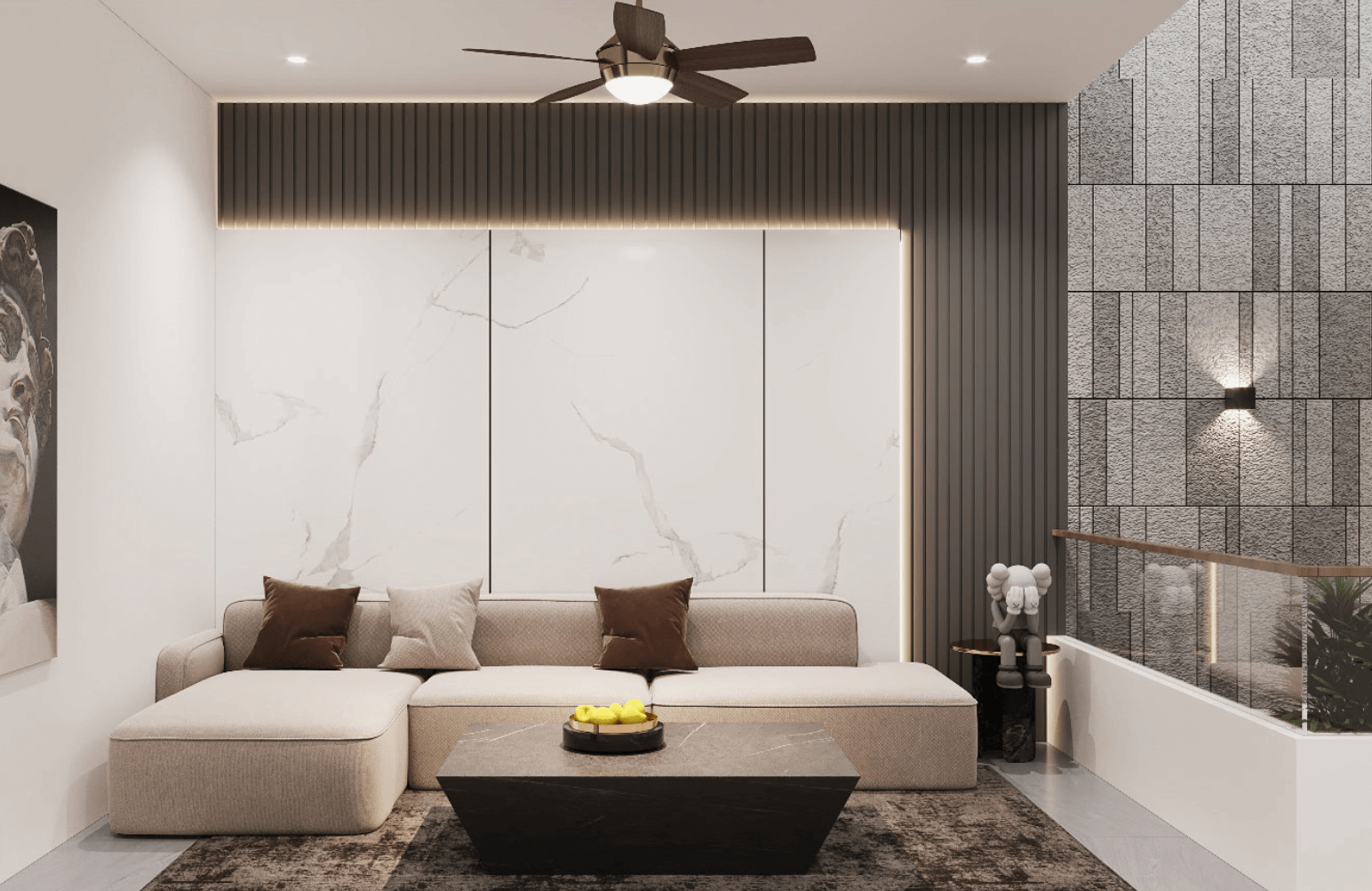 Phòng khách hiện đại với sofa màu be, bàn đá, quạt trần và tượng trang trí, tạo không gian sang trọng.