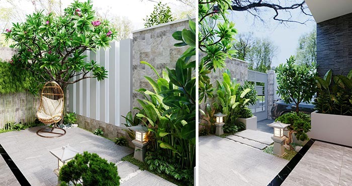Khu vườn nhỏ đẹp với cây xanh, ghế treo và đèn đá, tạo không gian thư giãn ngoài trời lý tưởng.