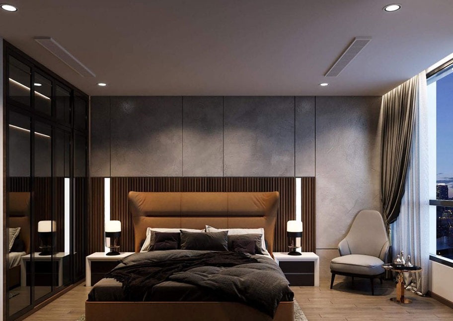 Phòng ngủ hiện đại với giường lớn, đèn ngủ và cửa kính lớn nhìn ra cảnh thành phố ban đêm.