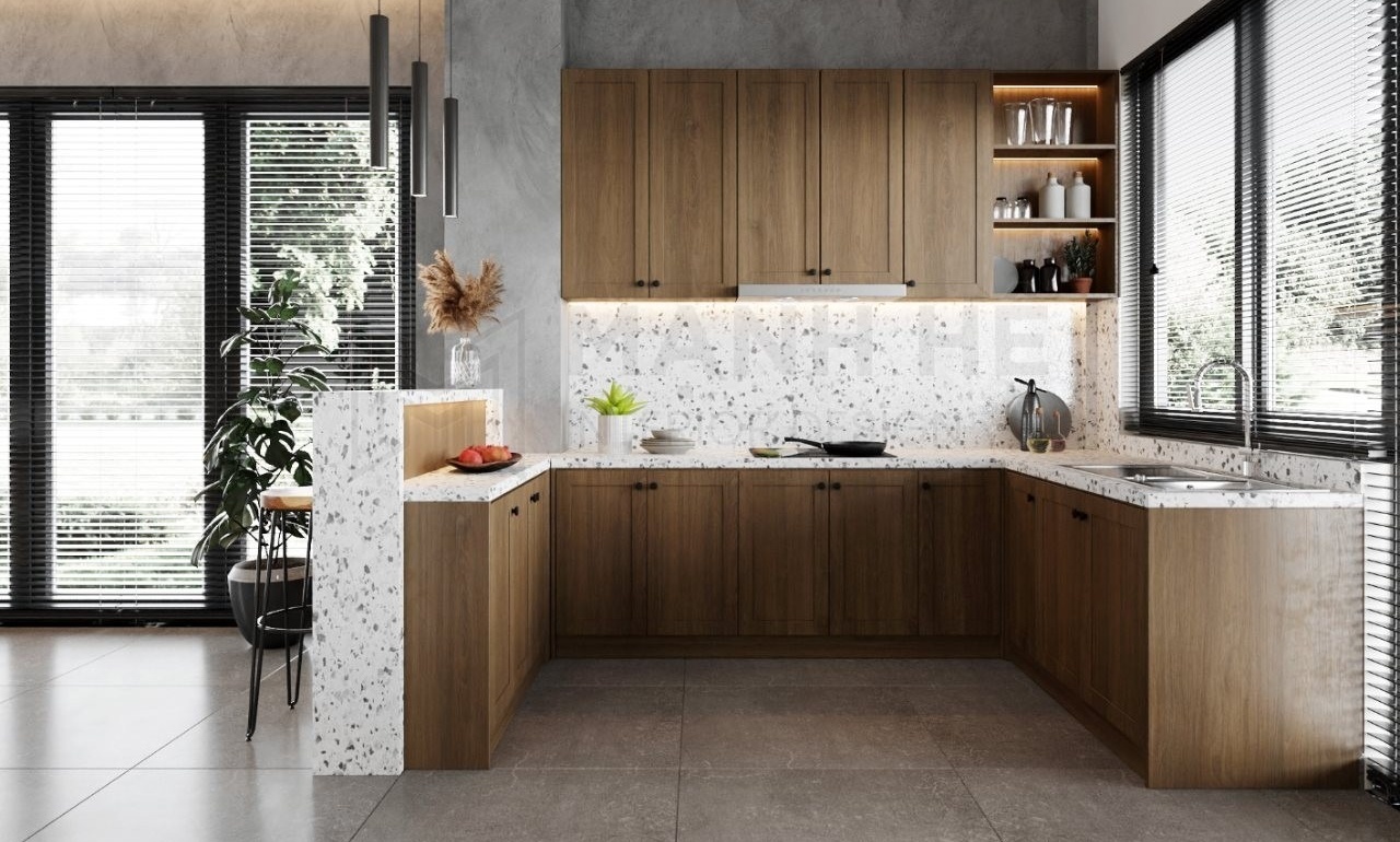 Mẫu thiết kế bếp chung cư thanh lịch bằng gỗ công nghiệp 2
