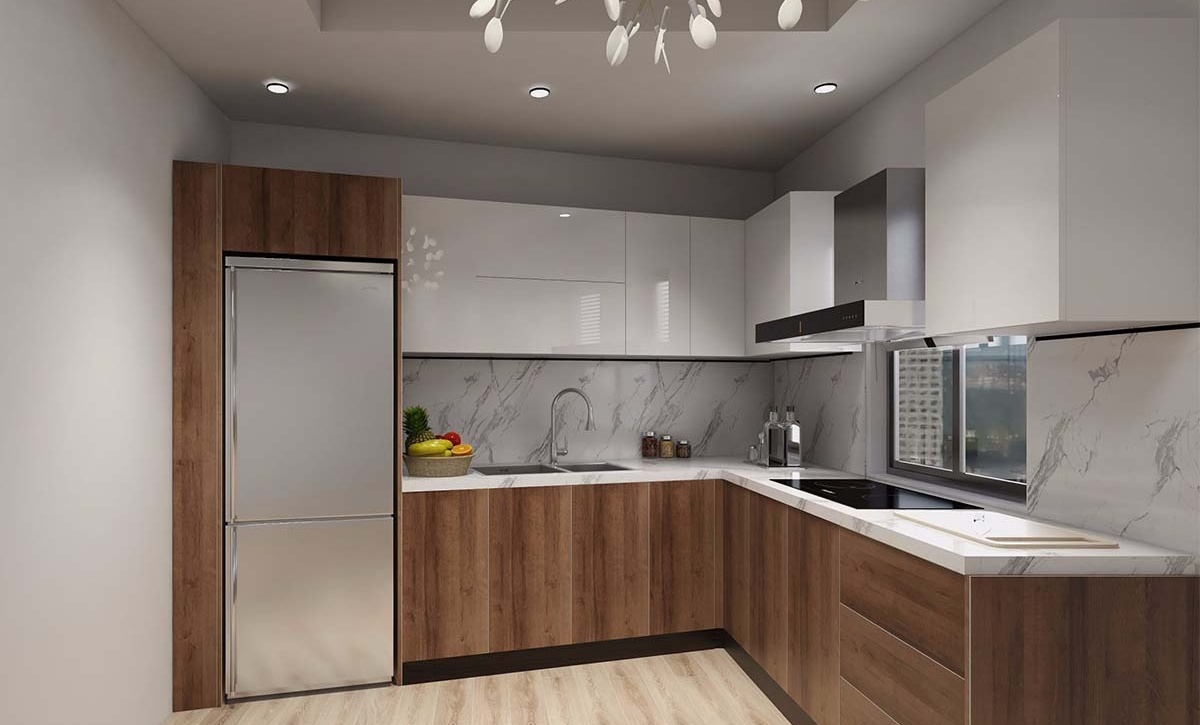 Mẫu thiết kế bếp chung cư thanh lịch bằng gỗ công nghiệp 3