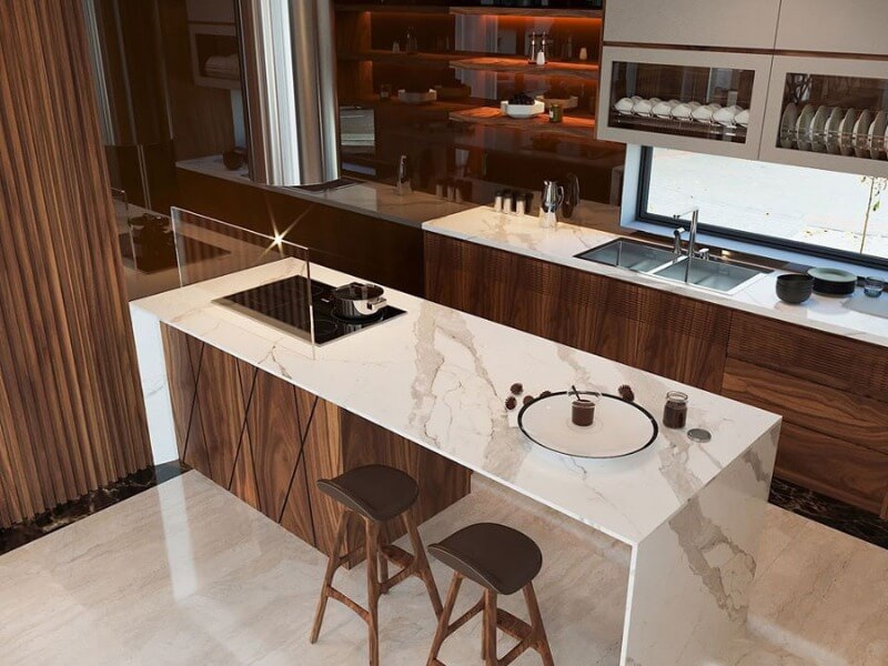 Mẫu thiết kế bếp chung cư tích hợp bàn đảo và bàn ăn 1