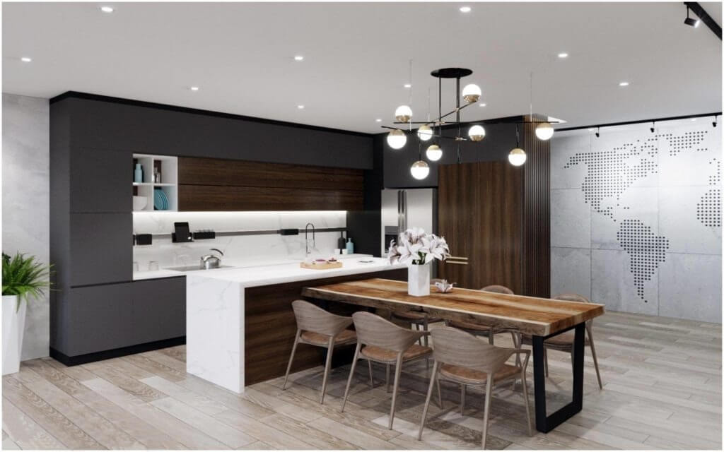 Mẫu thiết kế bếp chung cư tích hợp bàn đảo và bàn ăn 3