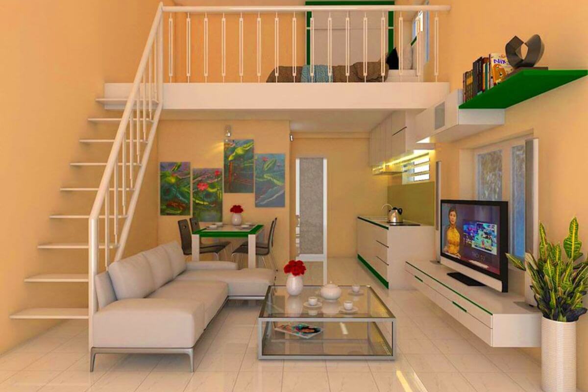 Phòng khách căn hộ gác lửng hiện đại, nội thất tối giản với sofa, kệ TV, bếp nhỏ gọn và cây xanh trang trí.