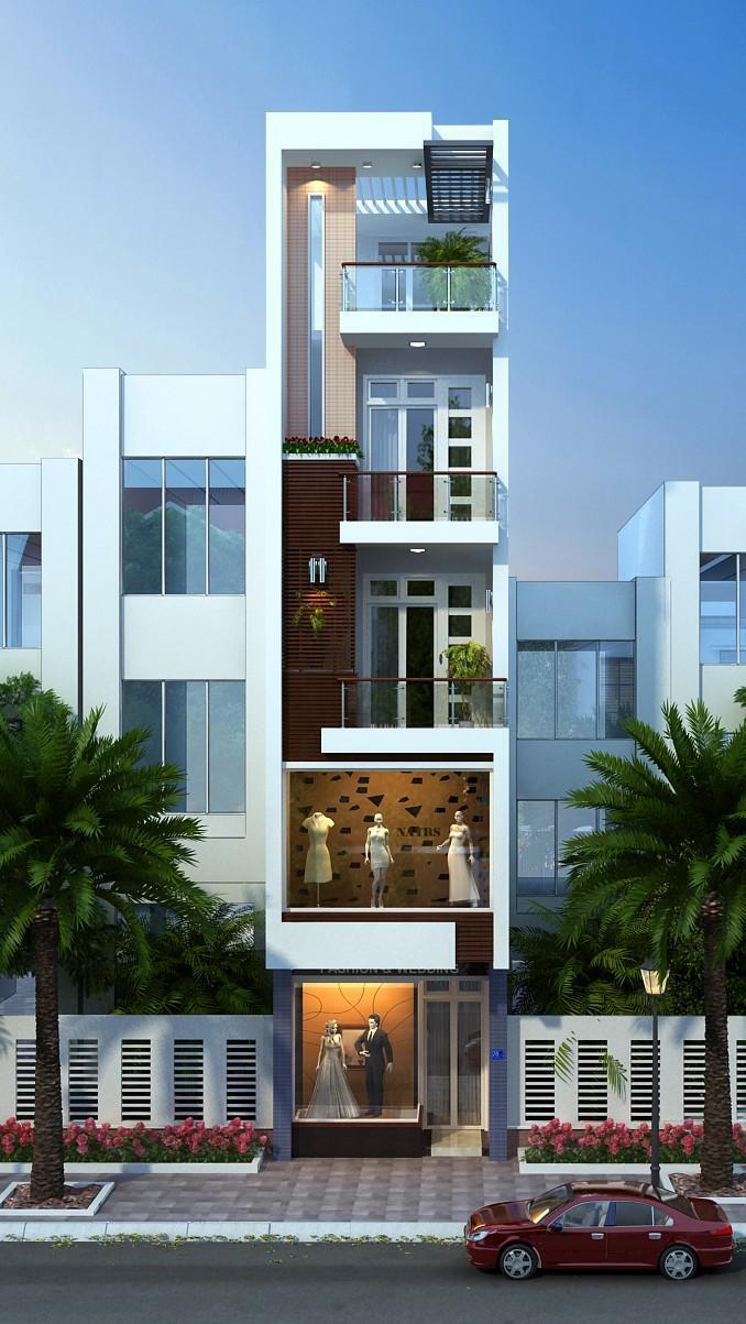 Nhà phố hiện đại với cửa hàng thời trang, cây cối xung quanh và xe hơi đỏ đậu trước mặt tiền.