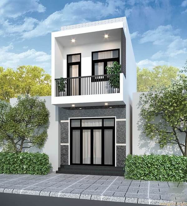 Nhà phố hiện đại hai tầng với ban công và cây xanh, thiết kế đơn giản, không gian thoáng đãng.