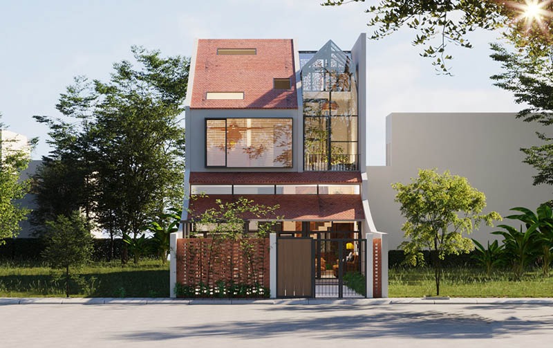 mau-thiet-ke-nha-2-tang-70m2-sang-trong Nhà phố hiện đại với thiết kế kính và mái ngói đỏ, bao quanh bởi cây xanh và ánh sáng tự nhiên.