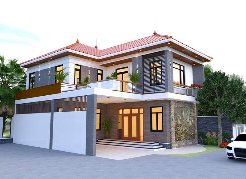 mau-thiet-ke-nha-2-tang-70m2-so-huu-he-mai-ngoi-truyen-thong Nhà hai tầng hiện đại với mái ngói đỏ và thiết kế sân vườn xanh mát.