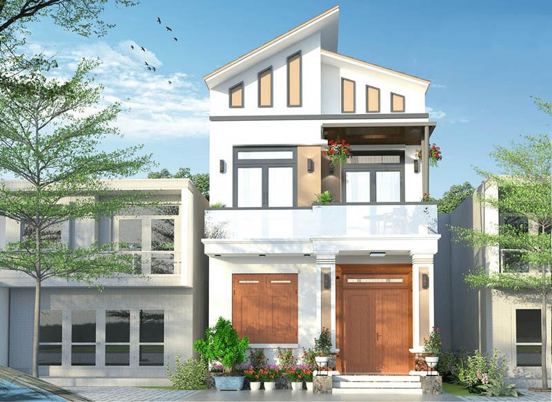 mau-thiet-ke-nha-2-tang-70m2-so-huu-mai-lech-doc-dao Nhà phố hiện đại với mặt tiền đẹp, cây xanh xung quanh, kiến trúc 2 tầng và ban công thoáng mát.