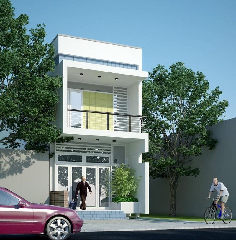 Ngôi nhà hai tầng hiện đại với người đi bộ và đi xe đạp phía trước. Xe hơi màu đỏ ở mặt đường.