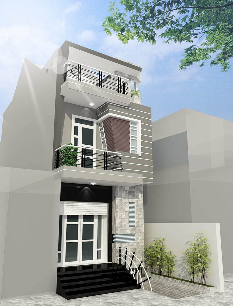 mau-thiet-ke-nha-2-tang-70m2-voi-chi-phi-cuc-tiet-kiem Ngôi nhà hiện đại ba tầng với mặt tiền thoáng đãng, thiết kế tối giản và cây xanh trang trí đẹp mắt.