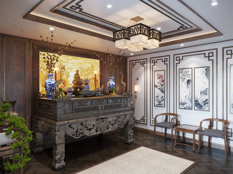 Phòng thờ trang trí truyền thống với bàn thờ gỗ, tượng Phật và đồ sứ, ánh đèn vàng ấm áp.