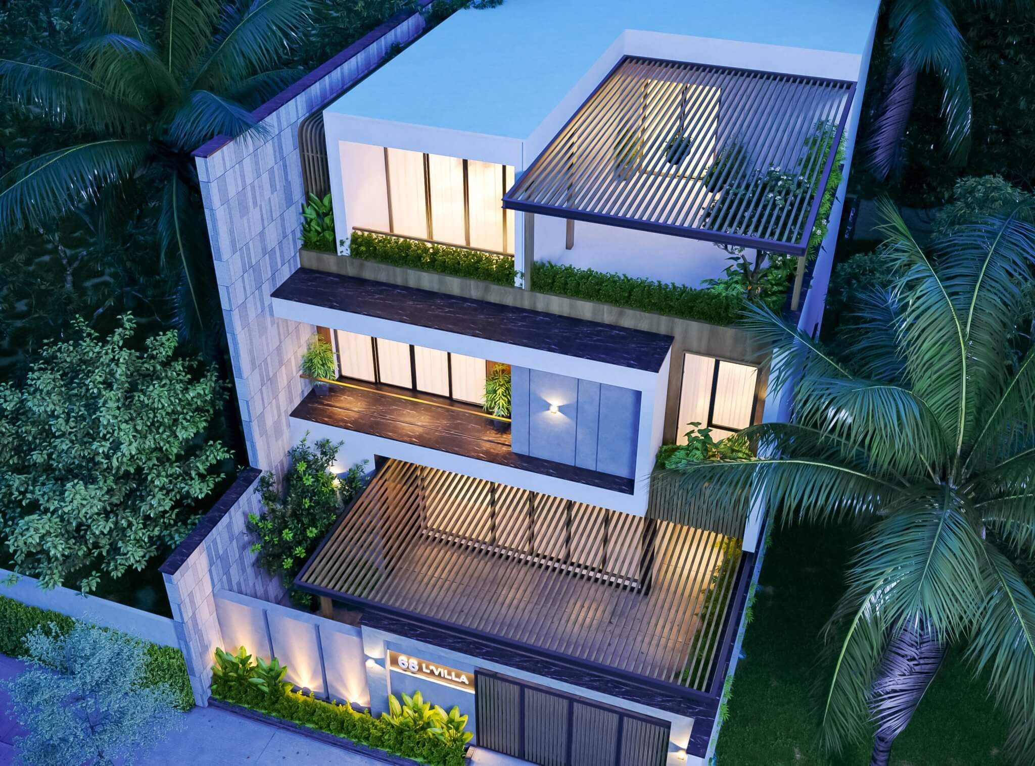 Biệt thự hiện đại với thiết kế 3 tầng, cửa kính lớn và nhiều cây xanh xung quanh vào ban đêm.