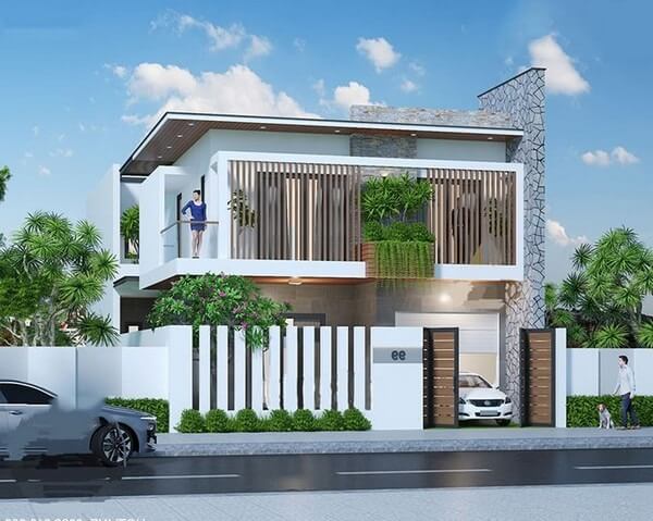 Nhà hiện đại hai tầng với thiết kế mở, cây xanh quanh nhà và ô tô đỗ ở gara, trời nắng đẹp.