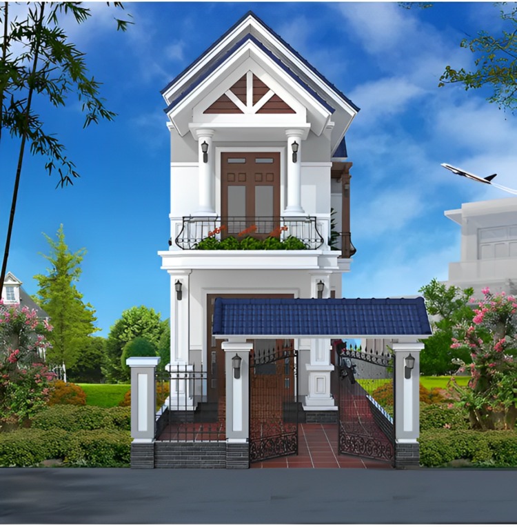 Nhà phố 2 tầng hiện đại, mái xanh, có sân vườn rộng, cửa chính màu nâu, lan can sắt.