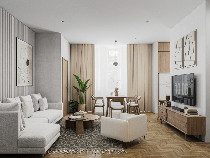 Phòng khách hiện đại với nội thất gỗ, sofa trắng và tranh treo tường trang trí.