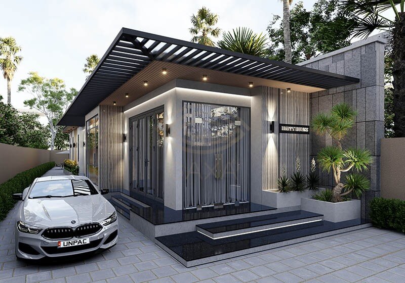 Nhà một tầng hiện đại với xe hơi đậu trước sân, xung quanh là cây xanh, ánh sáng buổi chiều tối.