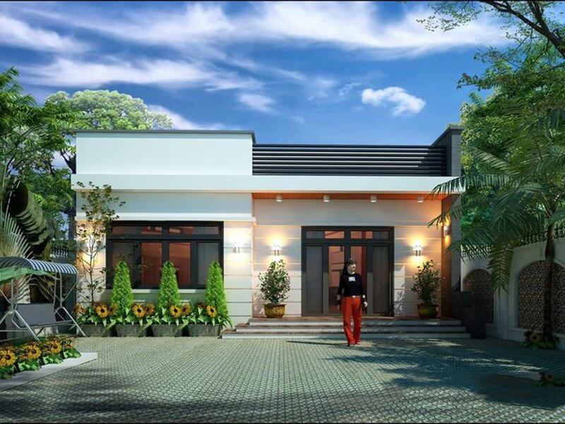 Nhà cấp 4 hiện đại với sân vườn, cây xanh lớn, đèn chiếu sáng, trời xanh mây trắng.