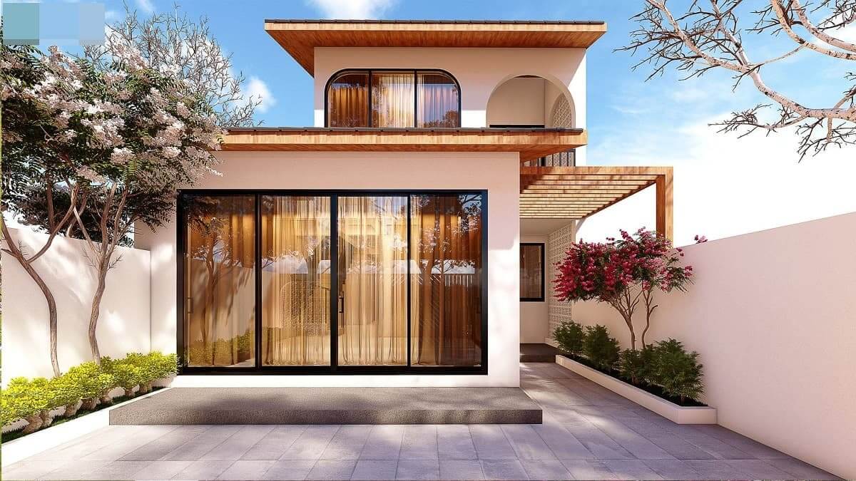 Nhà hiện đại hai tầng với mặt tiền kính, cây xanh xung quanh sân, thiết kế kiến trúc tinh tế.