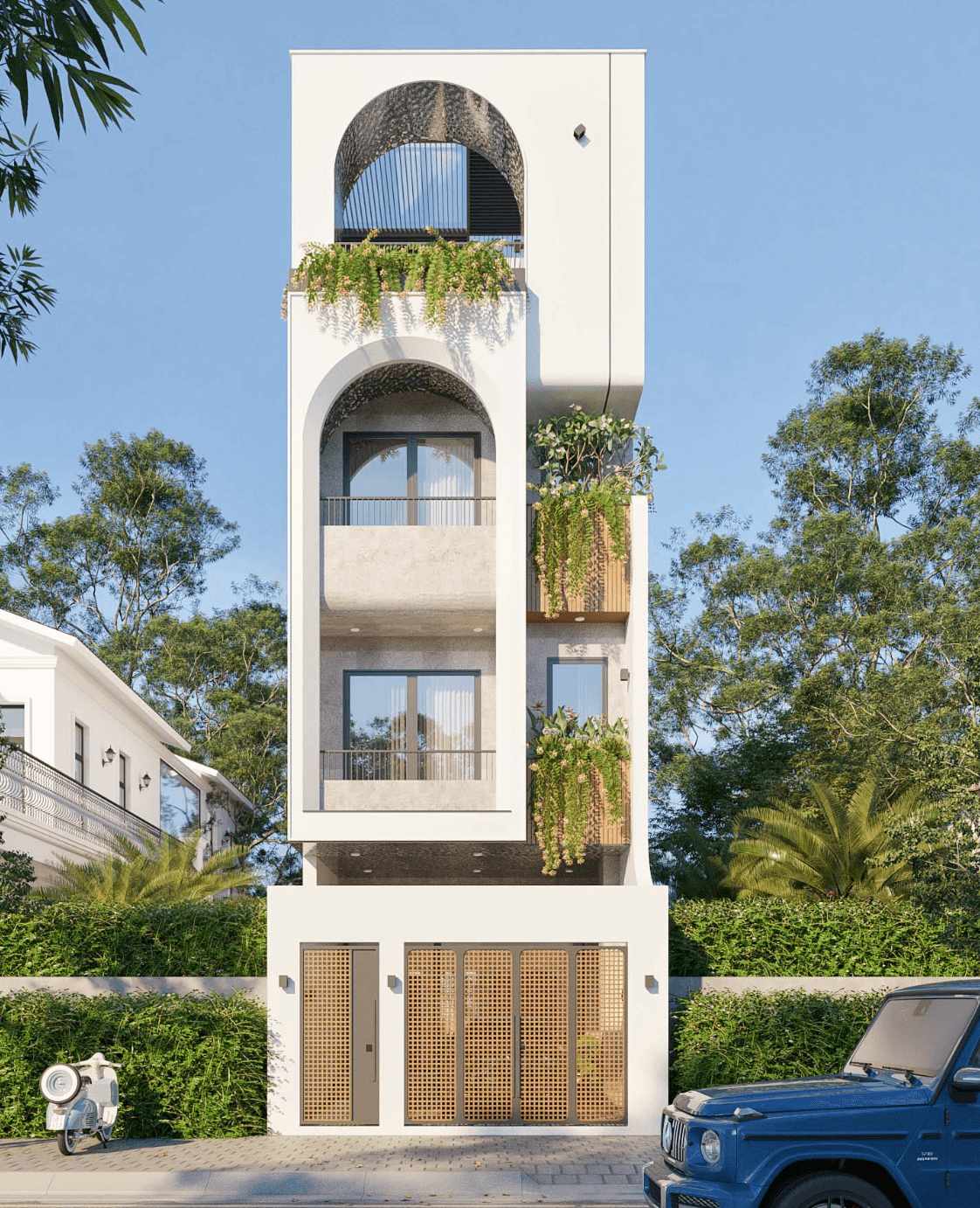 Nhà hiện đại 4 tầng với thiết kế tối giản, cây xanh trang trí ban công, xe máy và ô tô trước mặt.