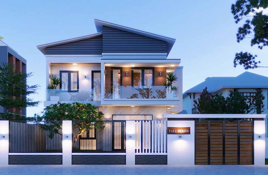 mau-thiet-ke-nha-ong-2-tang-mai-lech-1 Ngôi nhà hai tầng hiện đại dưới ánh sáng buổi tối, cây cối xanh mượt và hàng rào sắt, bảng tên FULL HOUSE.