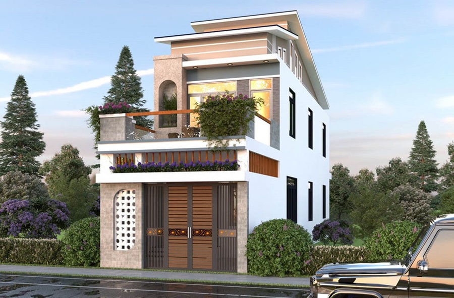 mau-thiet-ke-nha-ong-2-tang-mai-lech-14 Nhà phố ba tầng hiện đại với ban công rộng, cây xanh và đường nhựa phía trước.