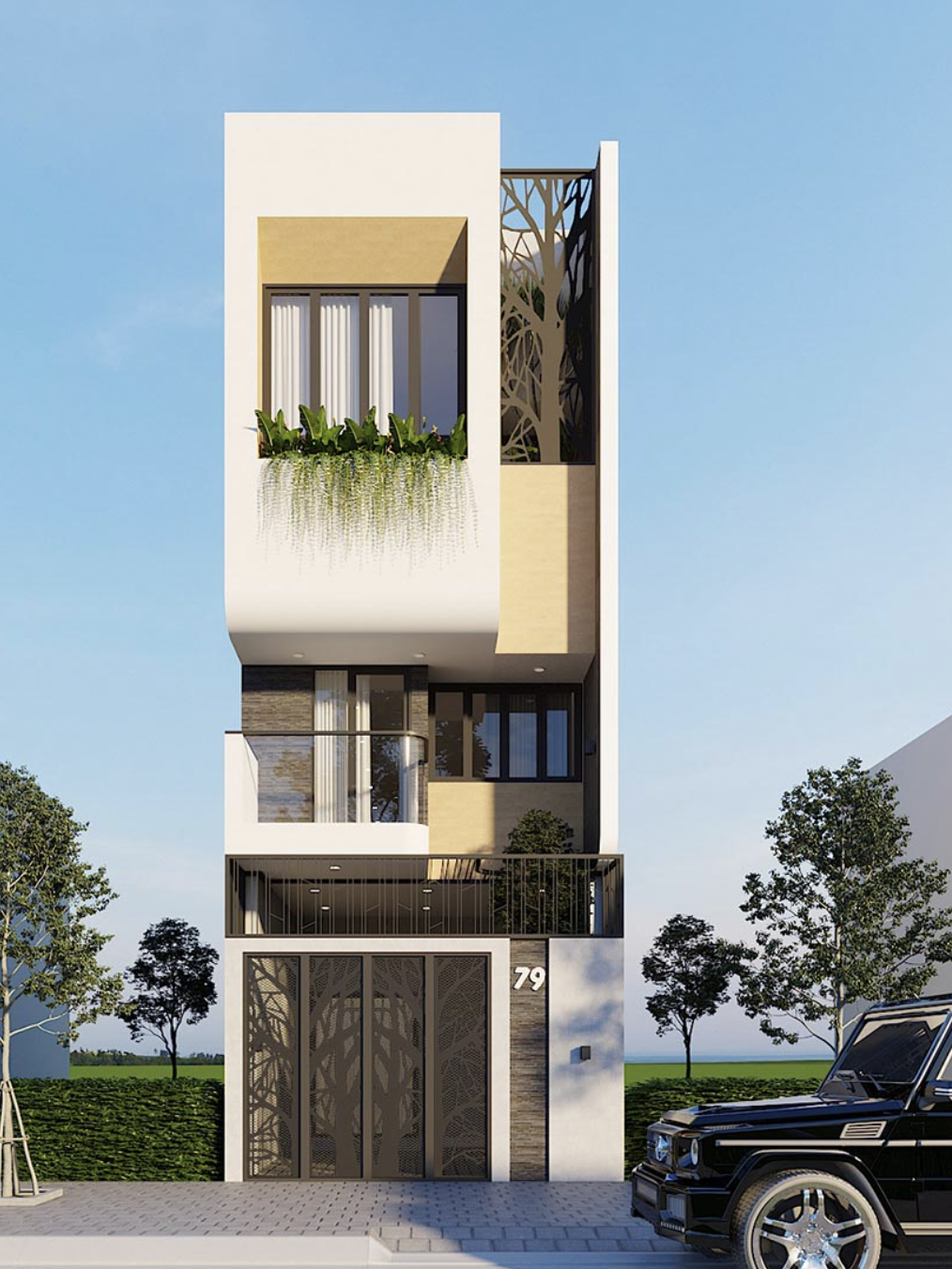 Nhà phố hiện đại ba tầng, thiết kế tối giản với cây xanh trên ban công và cửa khắc họa tiết nghệ thuật.