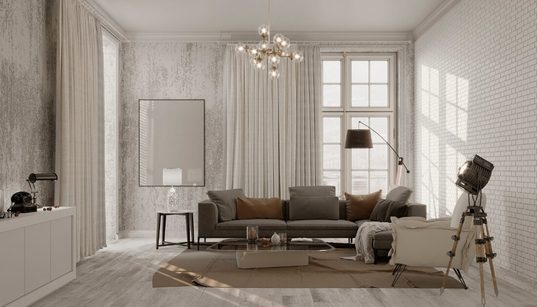 Phòng khách hiện đại với sofa xám, đèn trần độc đáo, cửa sổ lớn và tường gạch trắng.