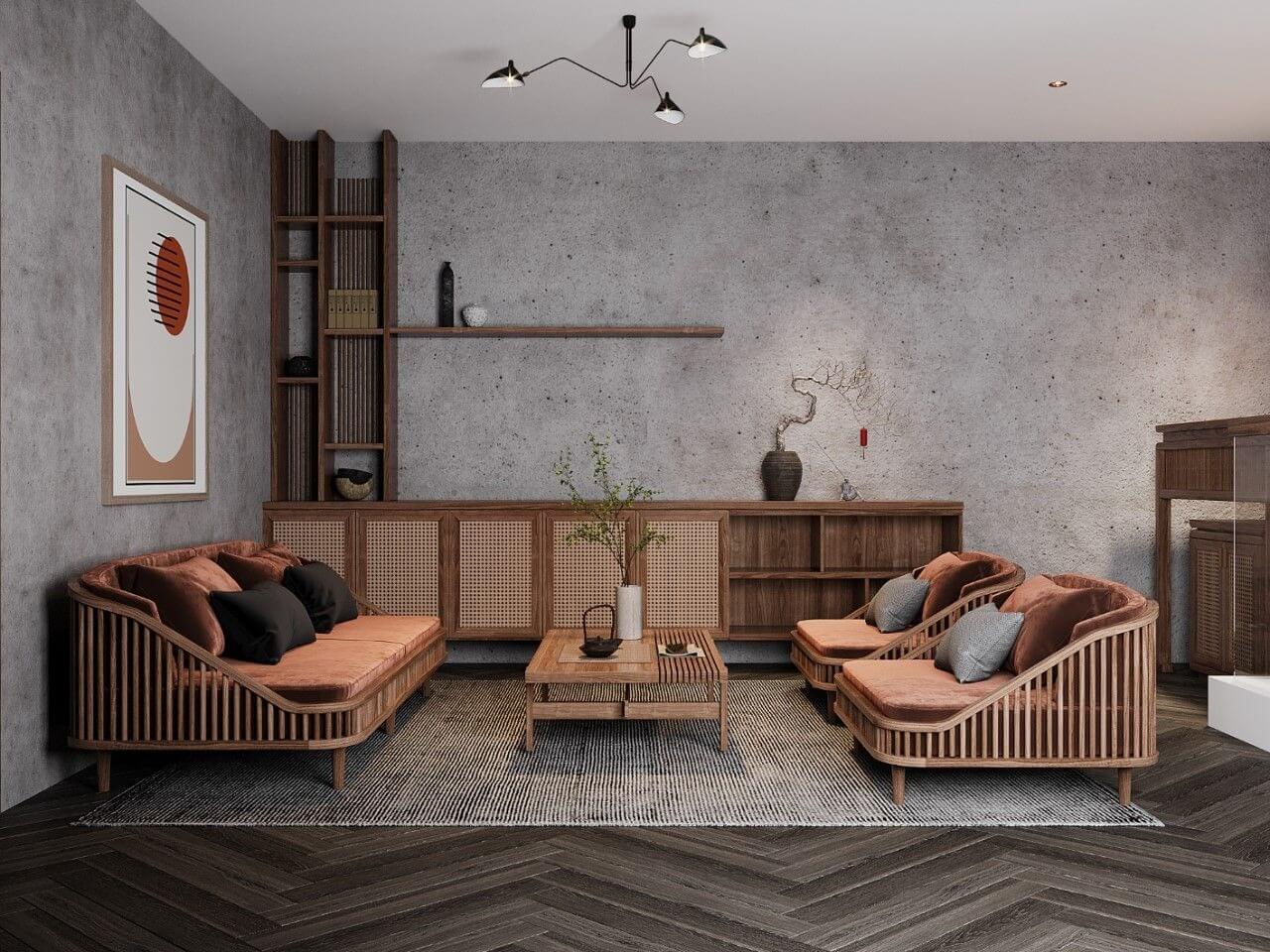Phòng khách phong cách hiện đại với ghế gỗ, đồ nội thất tối giản và màu sắc tự nhiên.