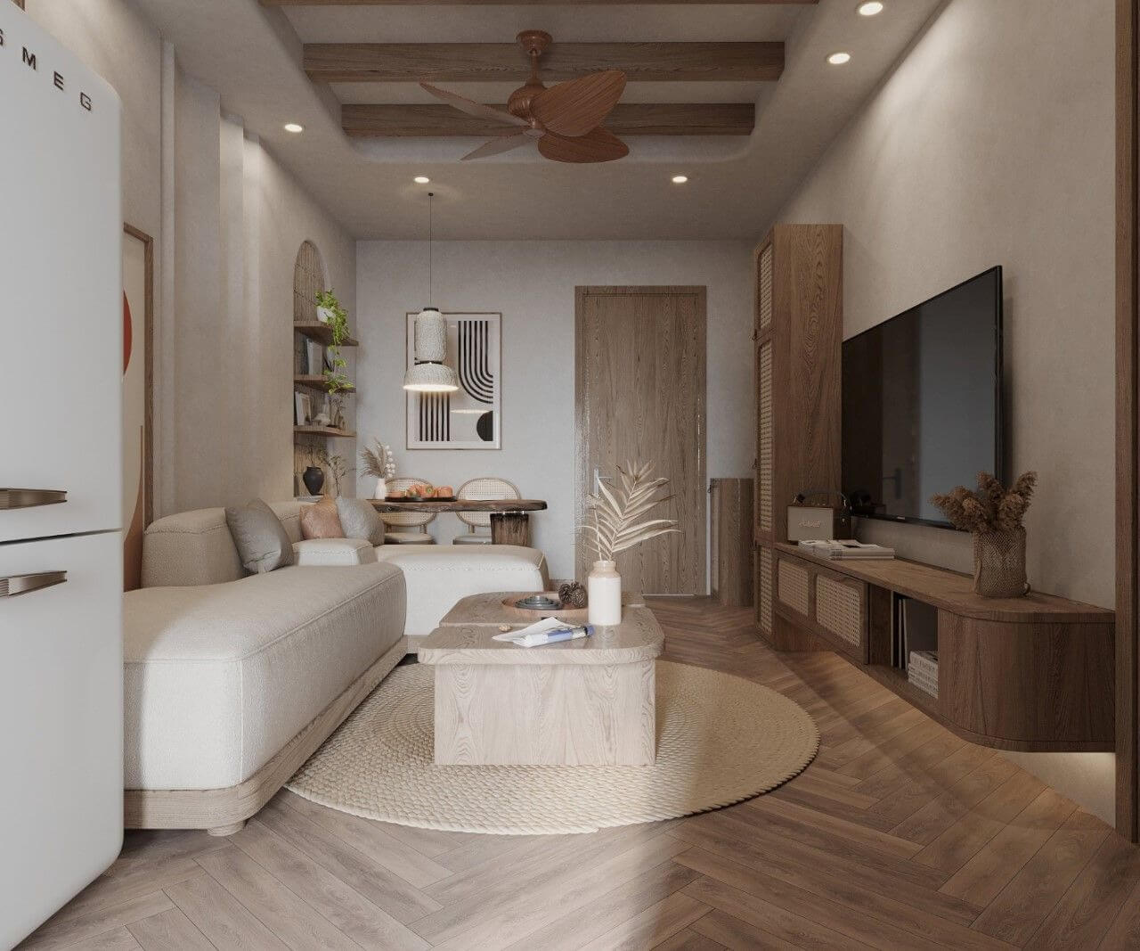 Phòng khách hiện đại với sofa màu kem, bàn gỗ, tivi màn hình phẳng, trang trí tối giản.