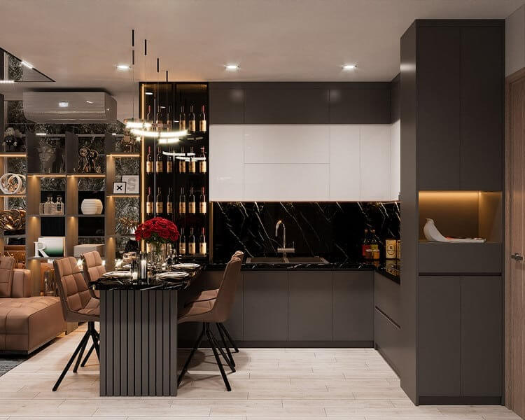 Mẫu thiết kế nội thất phòng bếp chung cư phong cách Luxury