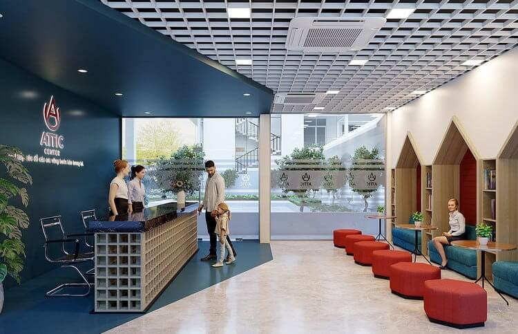 Trung tâm Attic Centre hiện đại với khu vực lễ tân và chỗ ngồi thư giãn cho khách hàng.