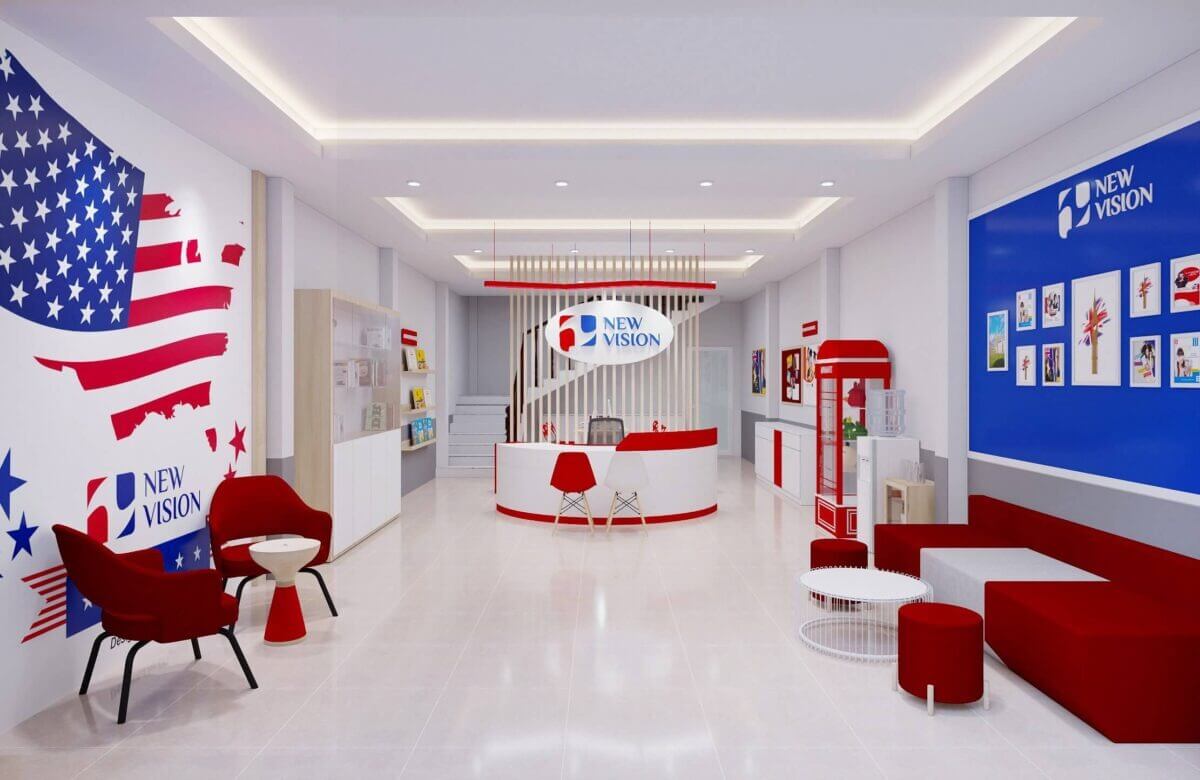 Văn phòng New Vision hiện đại với ghế đỏ, logo nổi bật và phong cách Mỹ sáng tạo trên tường.