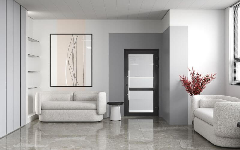 Phòng khách hiện đại với sofa trắng, tranh nghệ thuật và lọ hoa đỏ, sàn đá sáng bóng.