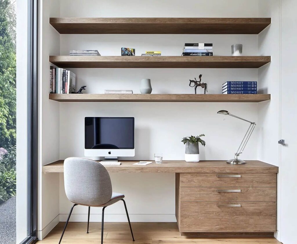Góc làm việc hiện đại với bàn gỗ, máy tính để bàn và kệ sách trang trí, ánh sáng tự nhiên từ cửa sổ lớn.