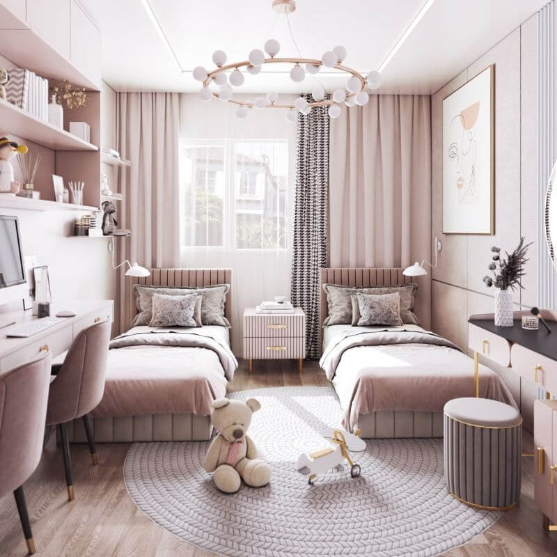 Mẫu thiết kế phòng ngủ nhỏ 2 giường 1