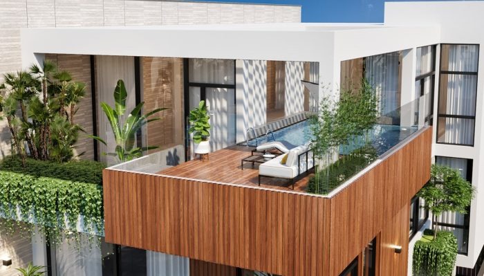 Ban công hiện đại với hồ bơi và cây xanh, mang lại không gian thư giãn trên tầng cao của ngôi nhà sang trọng.
