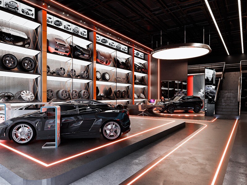 Phòng trưng bày ô tô hiện đại với xe hơi thể thao và phụ kiện sang trọng, ánh sáng nổi bật và bố trí sắp xếp tinh tế.