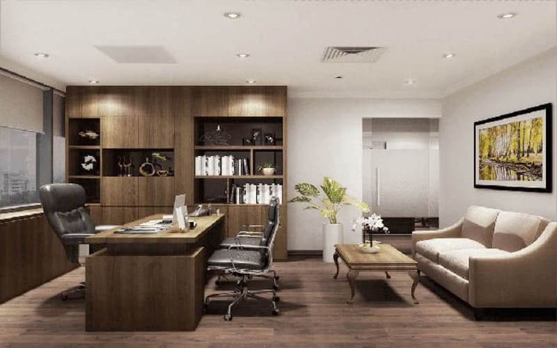 Văn phòng hiện đại với nội thất gỗ, bàn làm việc và ghế da, ghế sofa và tranh tường nghệ thuật.