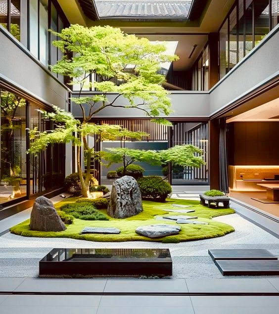 Sân vườn Nhật Bản hiện đại với cây xanh, đá và cỏ, tạo không gian thoáng đãng và thư giãn.