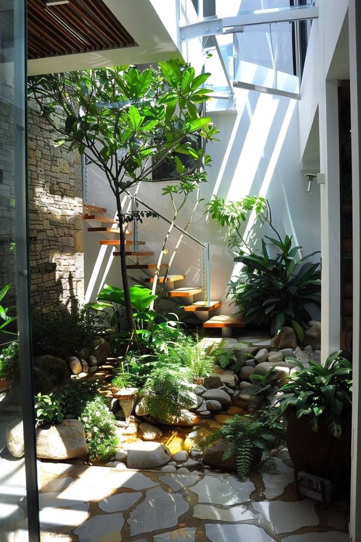 Khu vườn trong nhà với cây xanh và ánh nắng, tạo không gian tươi mát dưới cầu thang gỗ kiểu dáng hiện đại.