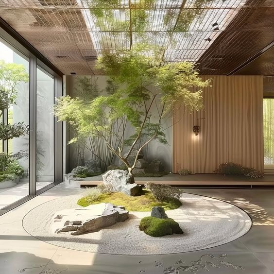 Khu vườn Nhật Bản trong nhà với cây cảnh xanh, đá và cát trắng, ánh sáng tự nhiên tạo không gian thư giãn zen.