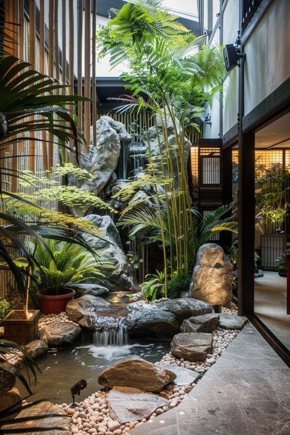 Khu vườn nhỏ trong nhà với thác nước và cây xanh, tạo không gian thư giãn và hài hòa.