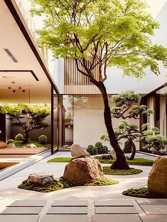 Sân vườn Zen với cây xanh, đá lớn và kiến trúc hiện đại, mang lại không gian thư giãn và yên bình.