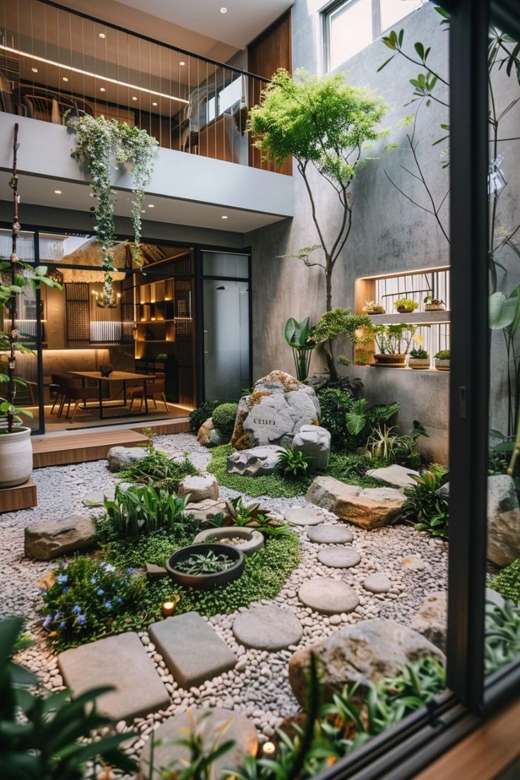 Sân vườn nội thất hiện đại với đá, cây xanh và đèn trang trí, tạo không gian hài hòa và thư giãn.